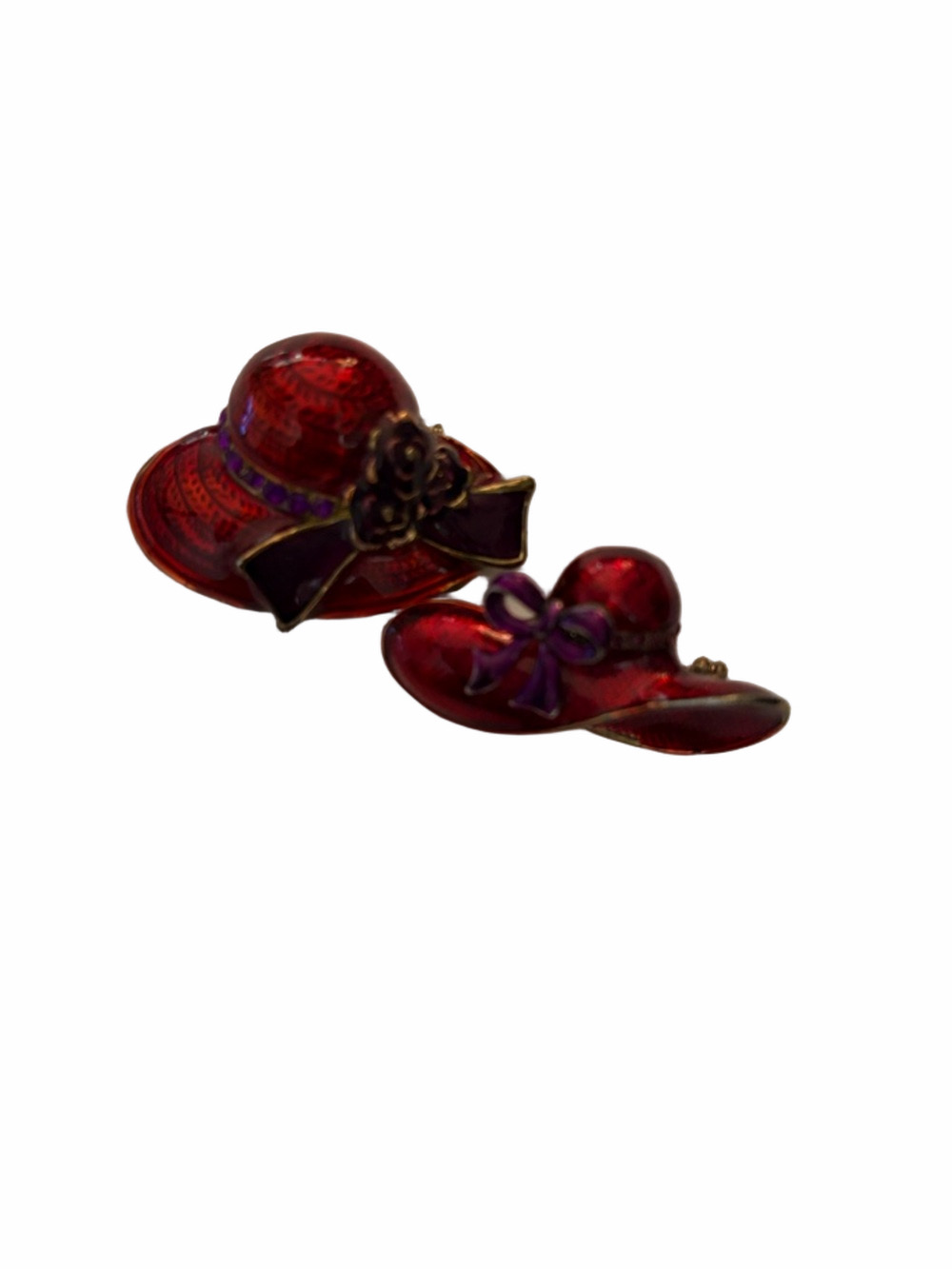 Red Enamel Hat Brooch Set - Red Hat Society Pins Vintage.